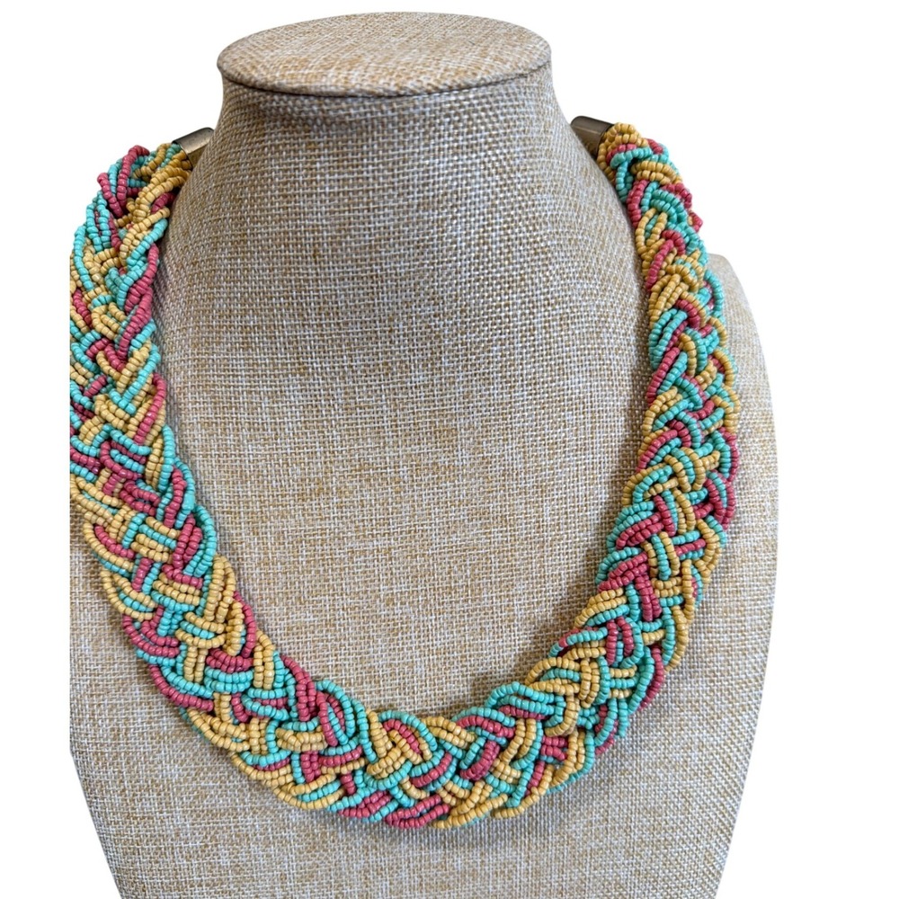 Braided Seed Bead Statement Necklace Turquoise Coral Yellow Multi-Strand Woven